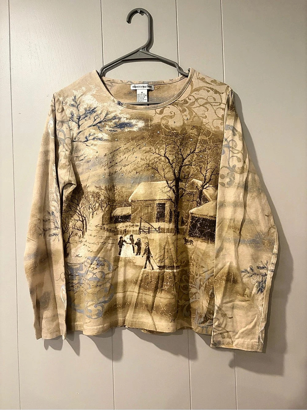 Rebecca Malone Long Sleeve Printed Top in Tan & Brown Size Medium
